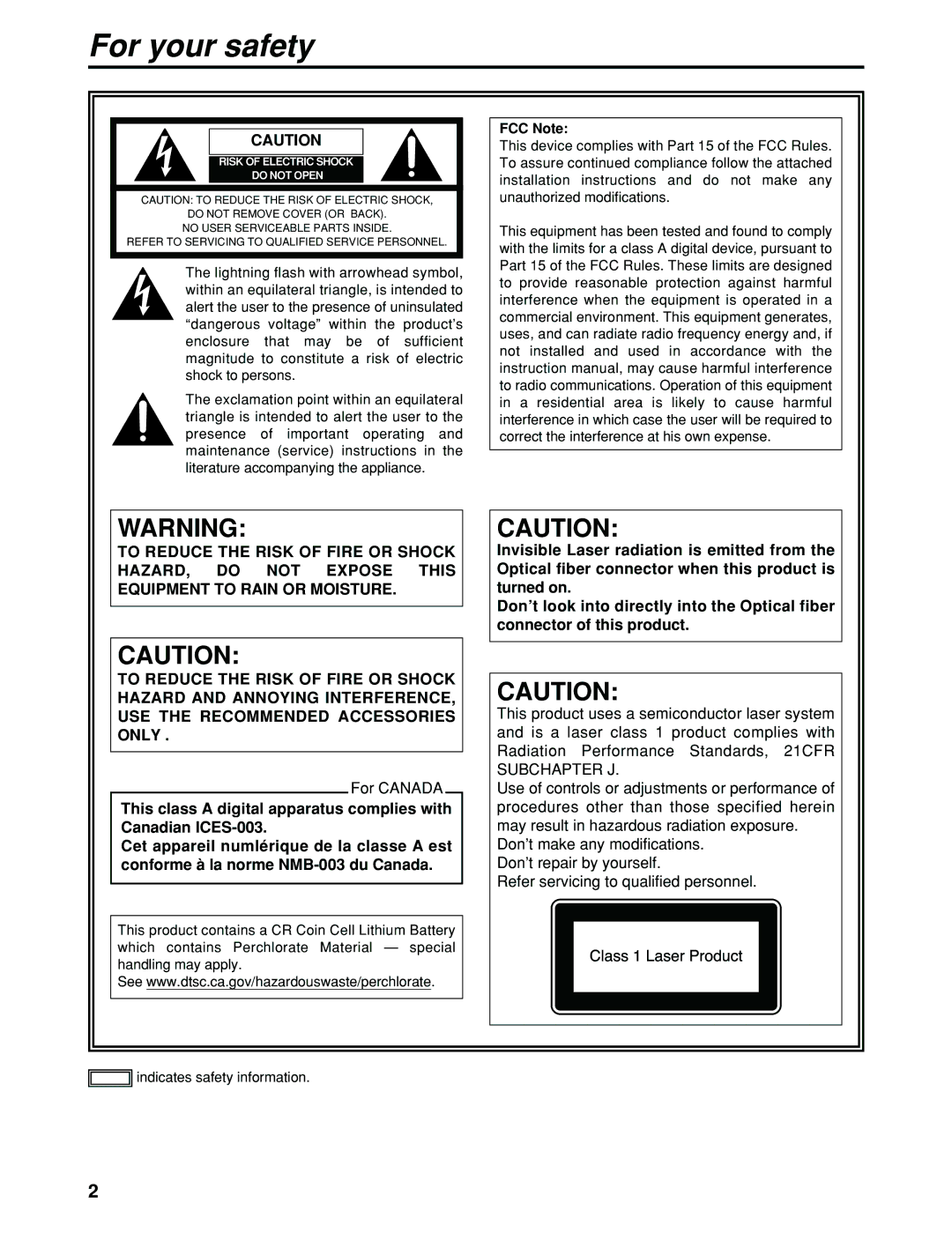 Panasonic AK-HC930P manual For your safety, FCC Note 