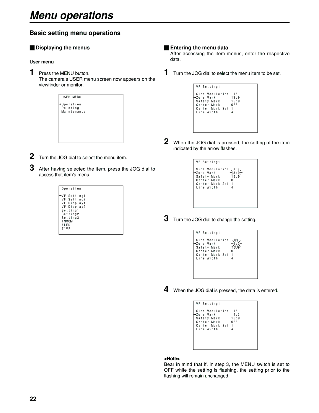 Panasonic AK-HC930P manual Menu operations, Basic setting menu operations, User menu 