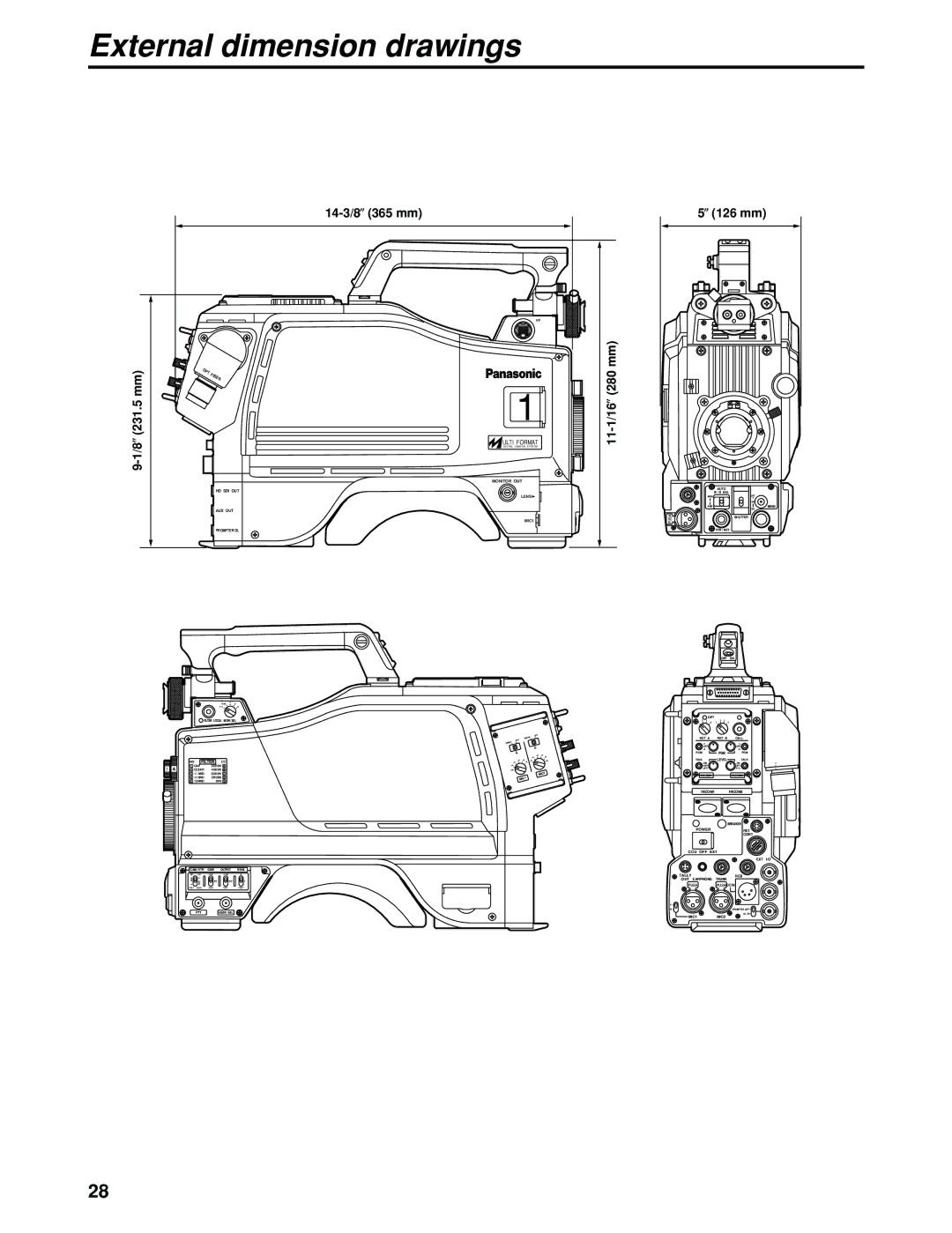 Panasonic AK-HC930P manual External dimension drawings, 8 z 231.5 mm, 14-3/8z365 mm, 11-1/16z280 mm 5z 126 mm 