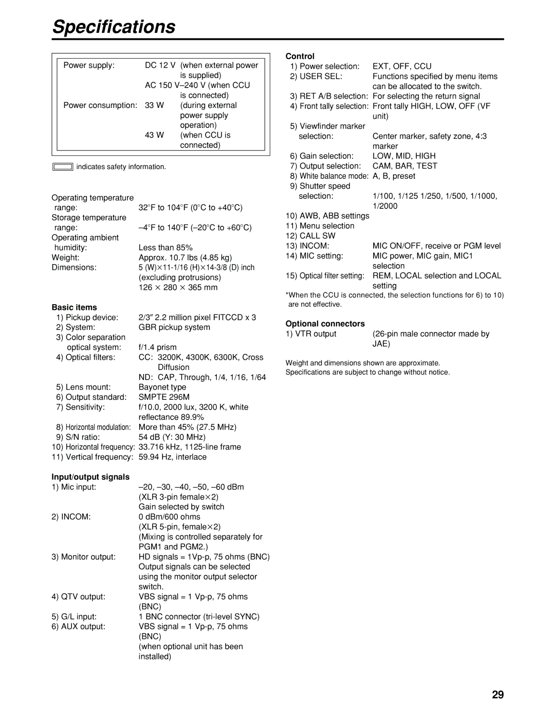 Panasonic AK-HC930P manual Specifications, Basic items, Input/output signals, Control, Optional connectors 