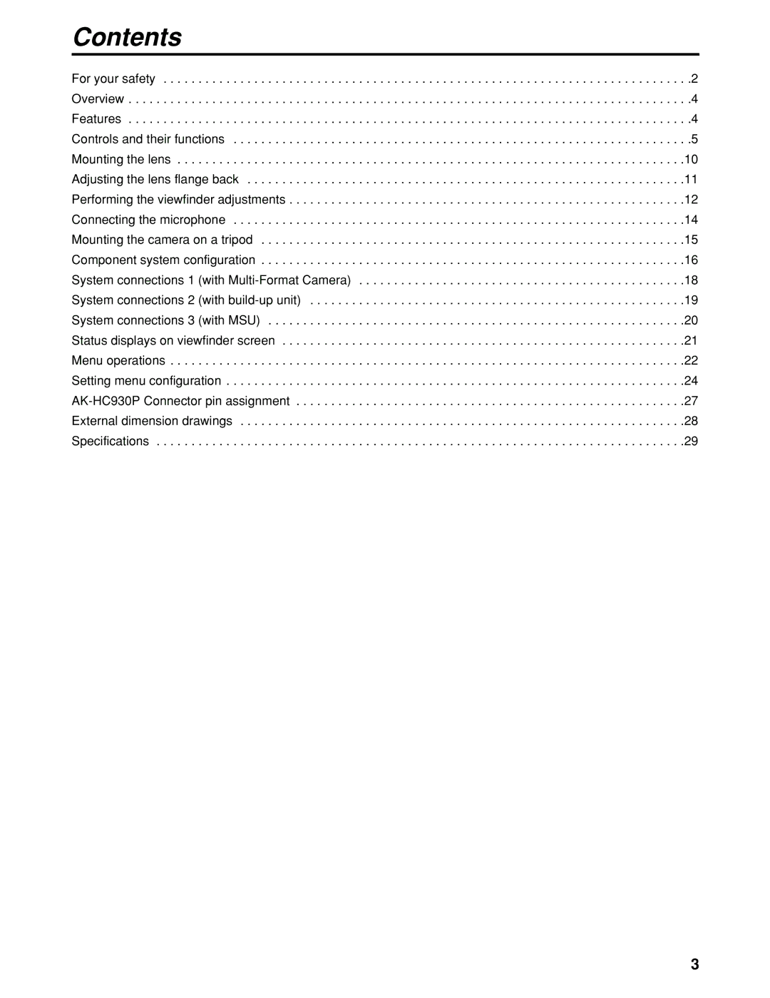 Panasonic AK-HC930P manual Contents 