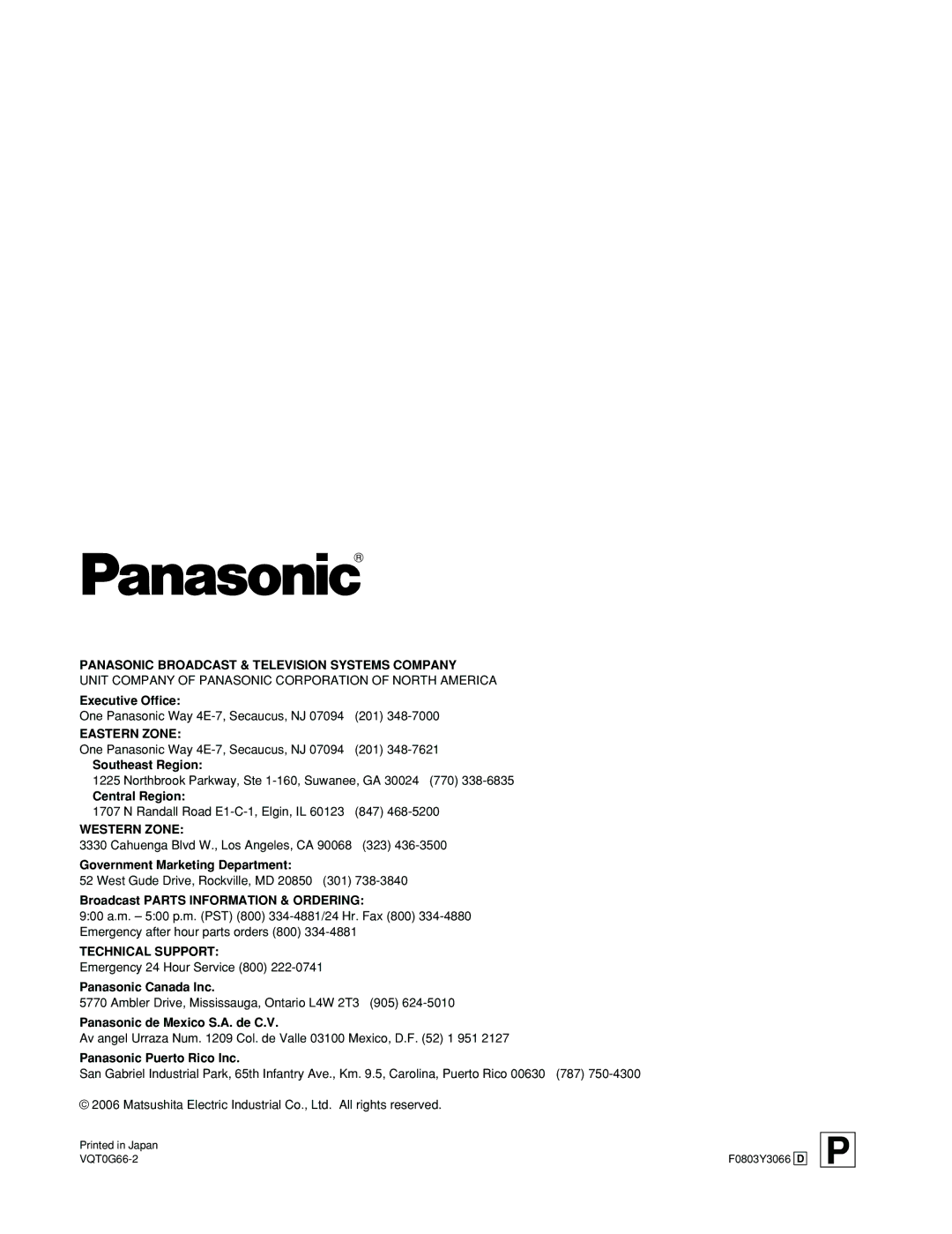 Panasonic AK-HC930P manual Executive Office, Southeast Region, Central Region, Government Marketing Department 