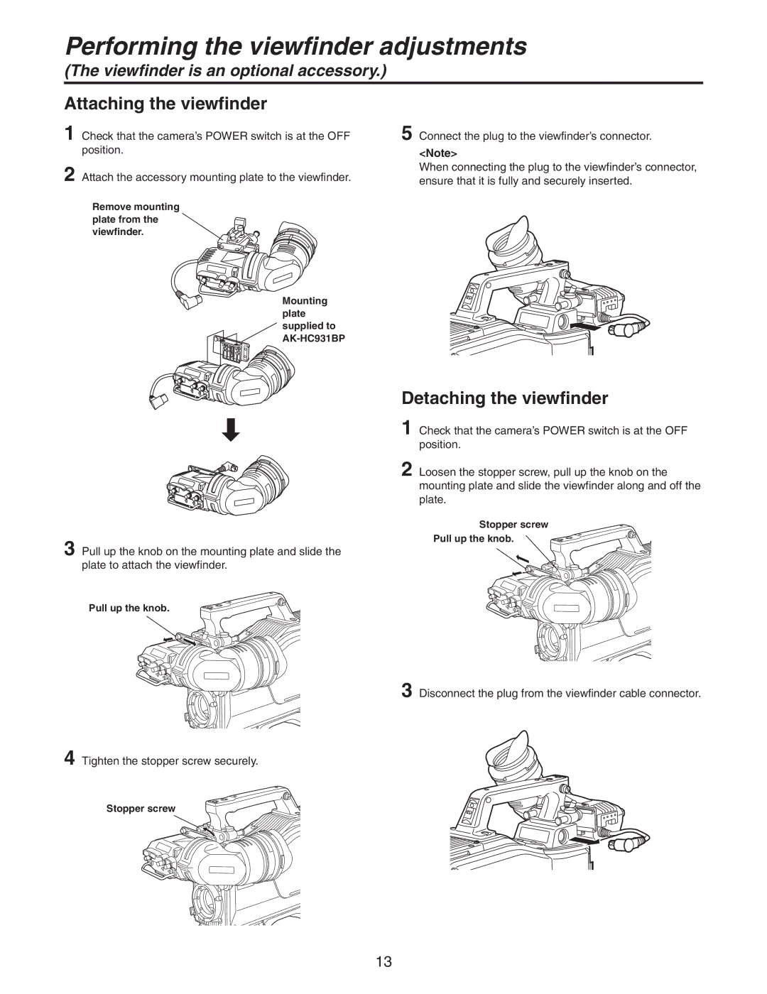 Panasonic AK-HC931BP manual Performing the viewfinder adjustments, Attaching the viewfinder, Detaching the viewfinder 