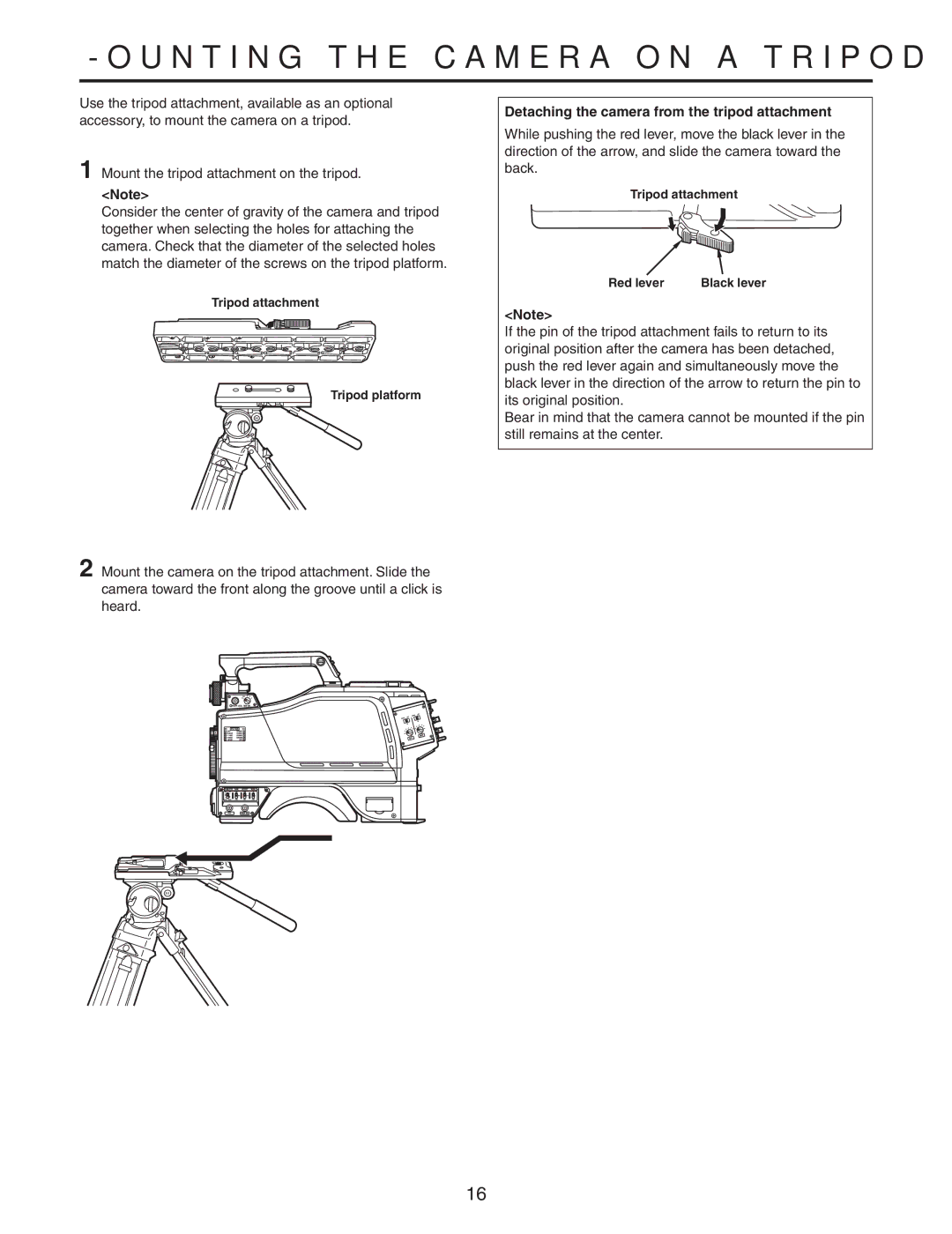 Panasonic AK-HC931BP manual Mounting the camera on a tripod, Detaching the camera from the tripod attachment 