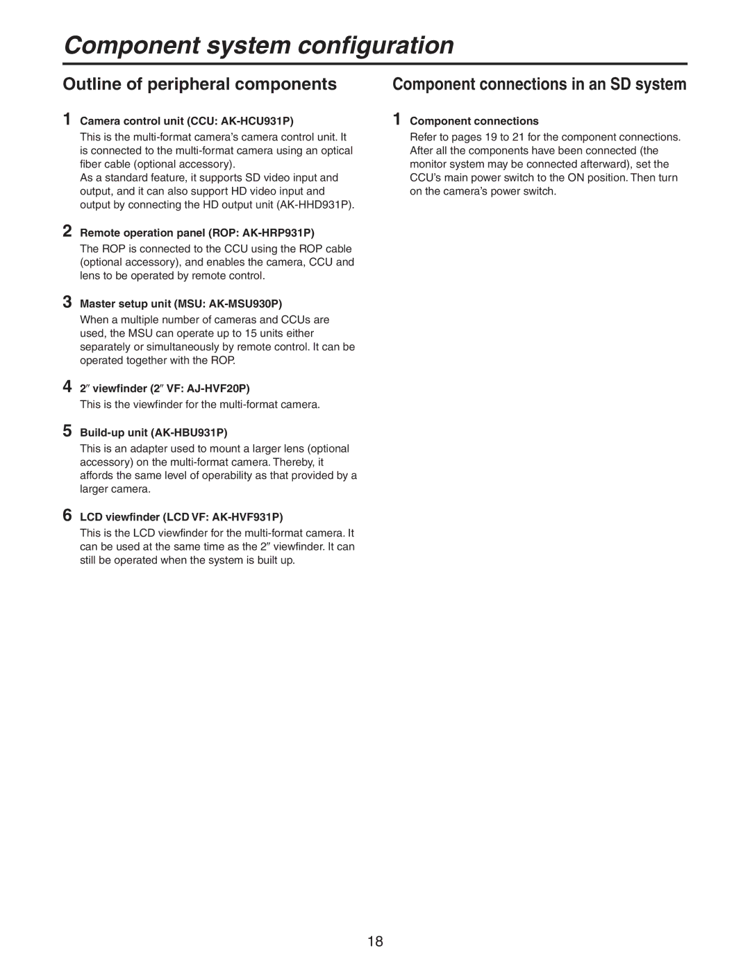 Panasonic AK-HC931BP manual Outline of peripheral components, Component connections in an SD system 