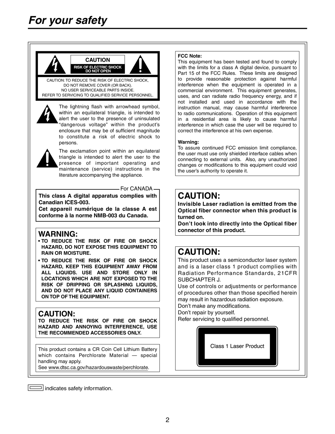 Panasonic AK-HC931BP manual For your safety, FCC Note 