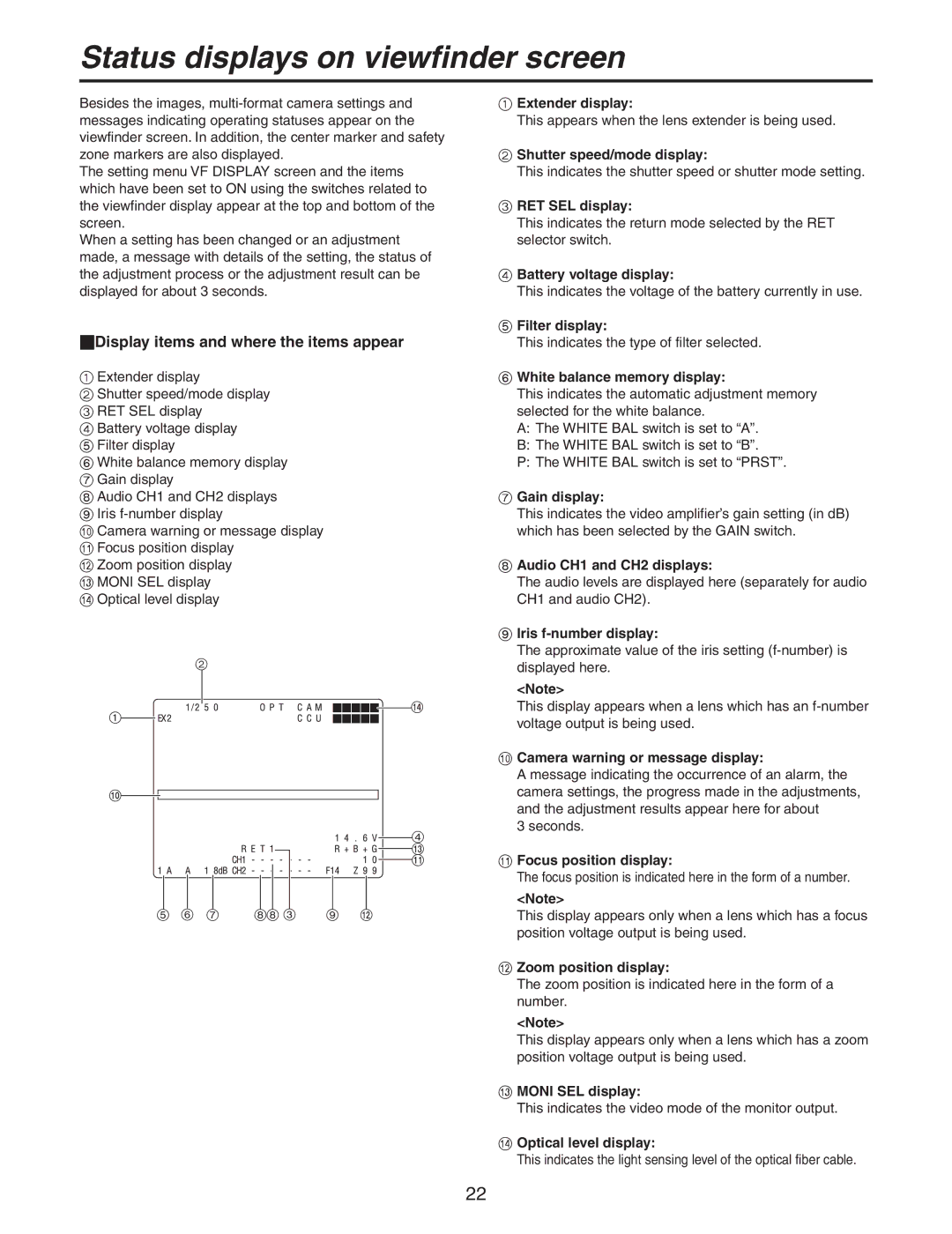 Panasonic AK-HC931BP manual Status displays on viewfinder screen, Display items and where the items appear 