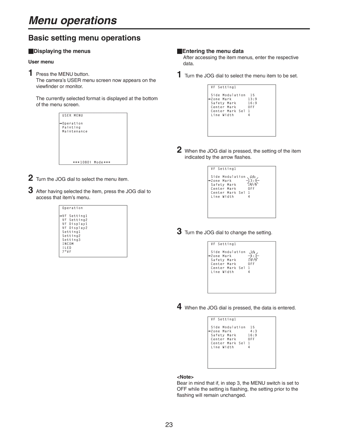 Panasonic AK-HC931BP manual Menu operations, Basic setting menu operations, Displaying the menus, Entering the menu data 