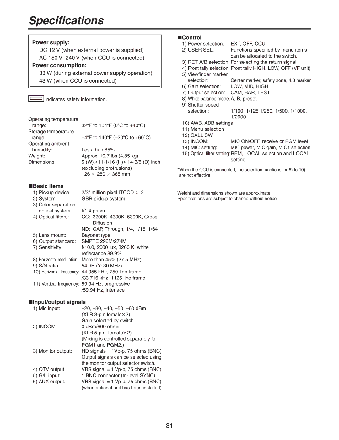 Panasonic AK-HC931BP manual Specifications 