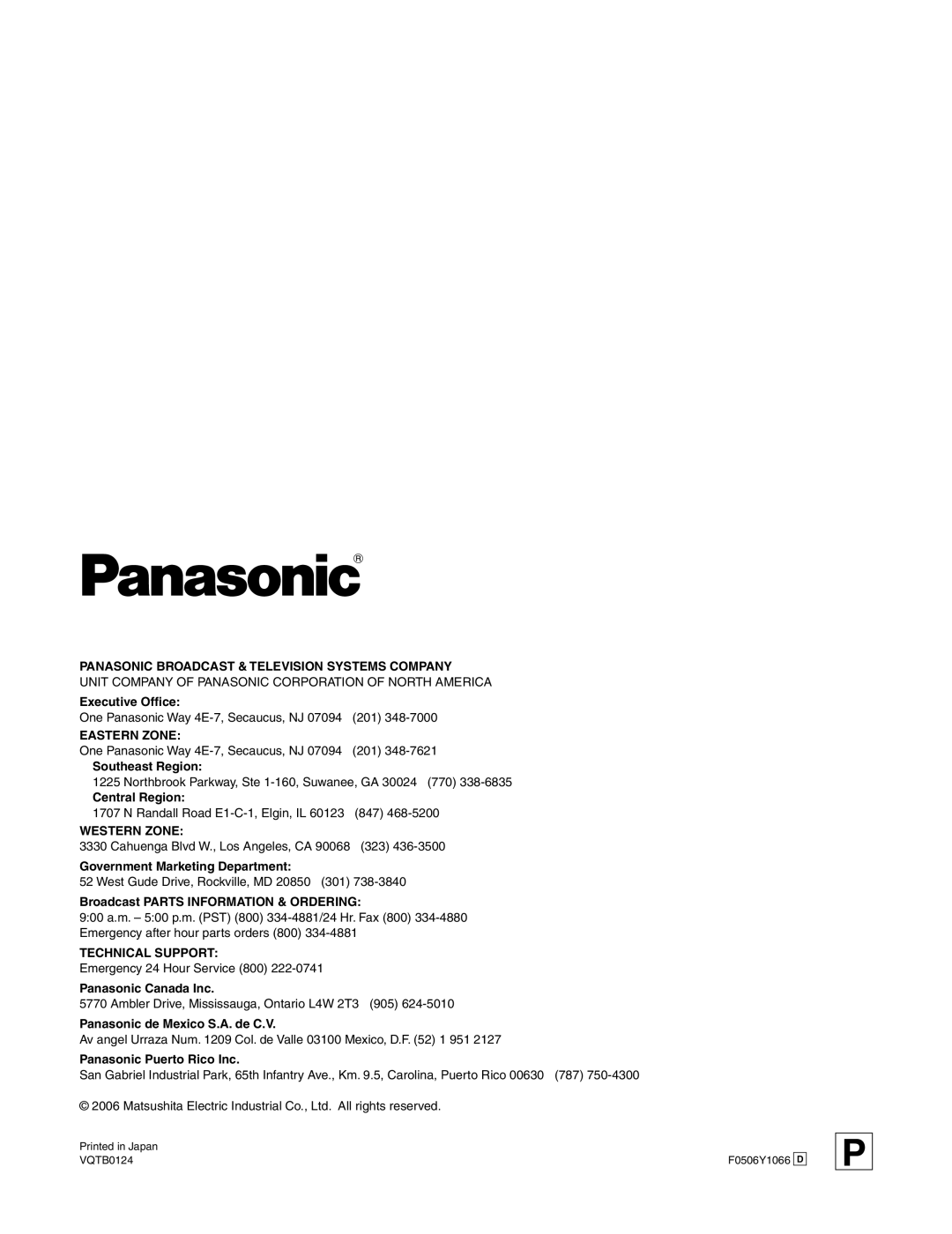 Panasonic AK-HC931BP manual Panasonic Broadcast & Television Systems Company 