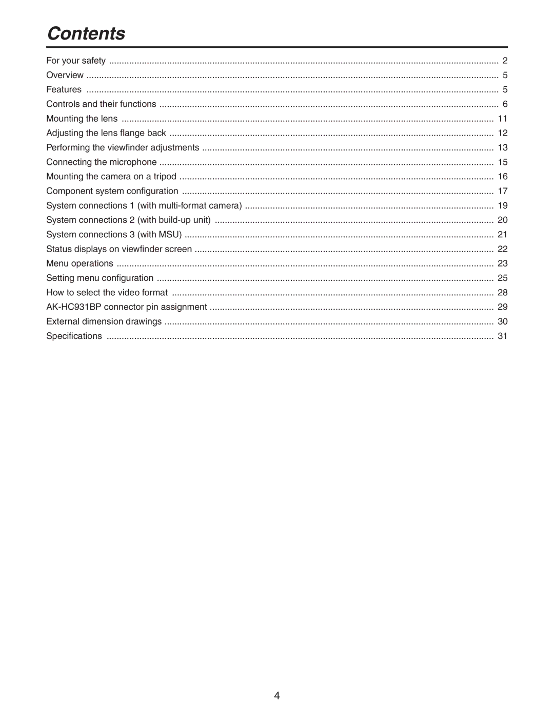 Panasonic AK-HC931BP manual Contents 