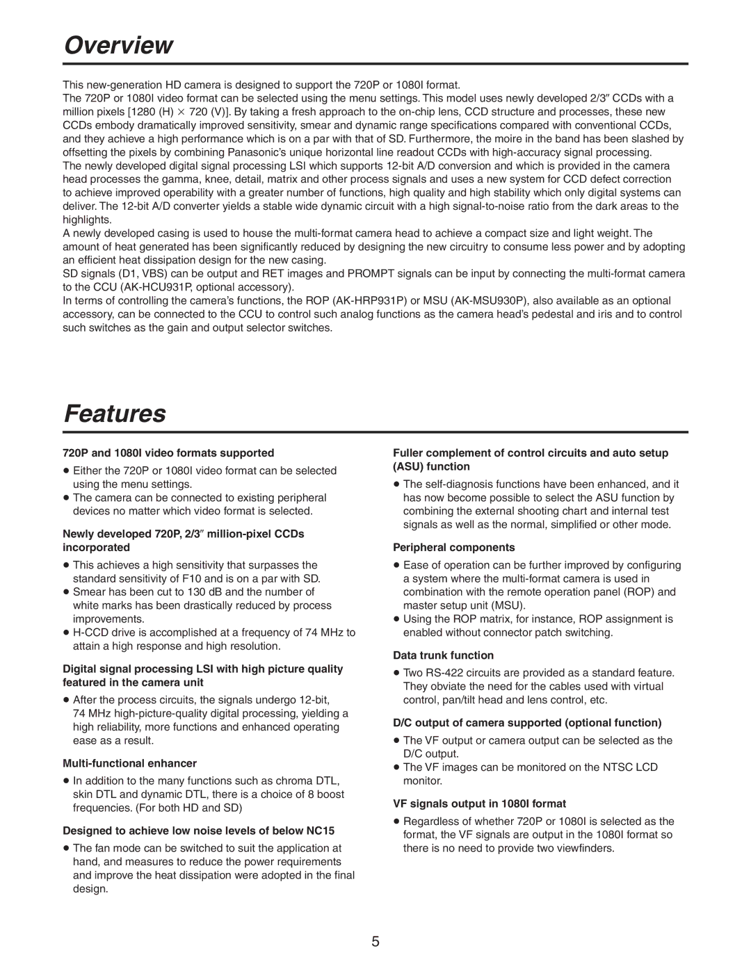 Panasonic AK-HC931BP manual Overview, Features 