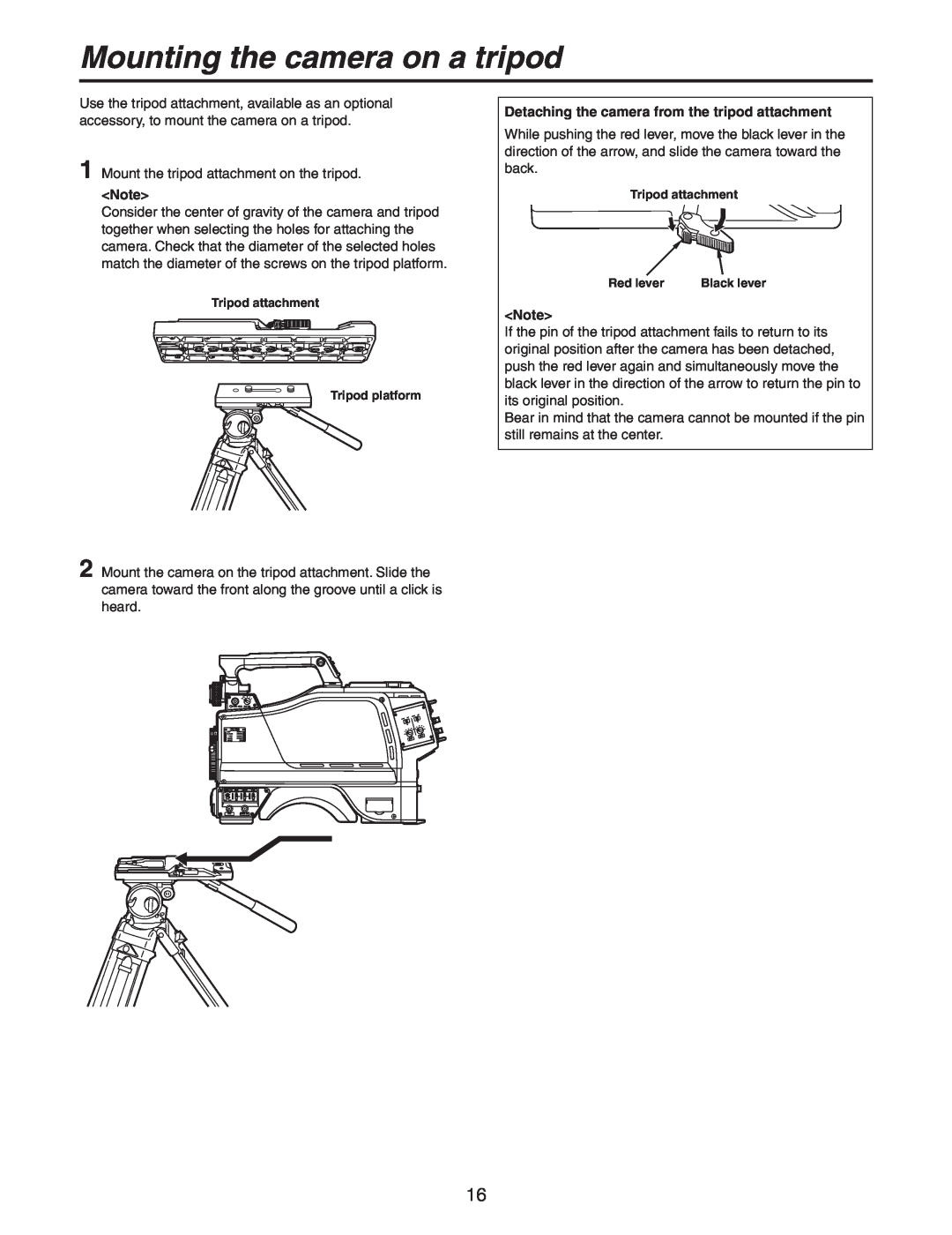Panasonic AK-HC931BP manual Mounting the camera on a tripod, Detaching the camera from the tripod attachment 