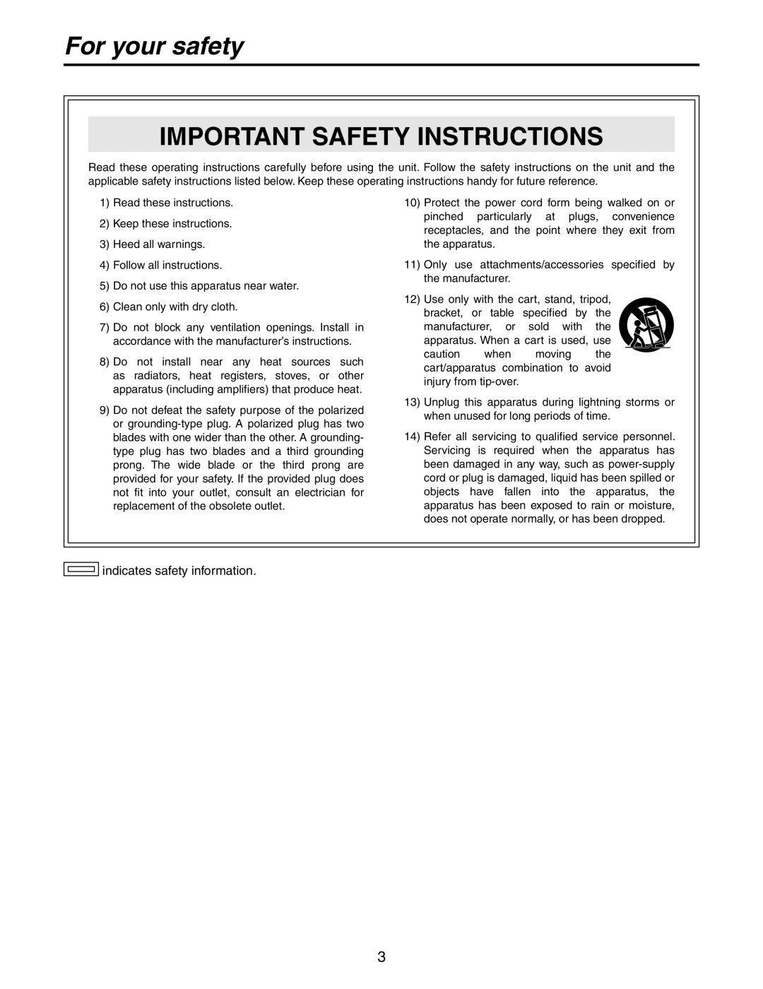 Panasonic AK-HC931BP manual For your safety, Important Safety Instructions, indicates safety information 