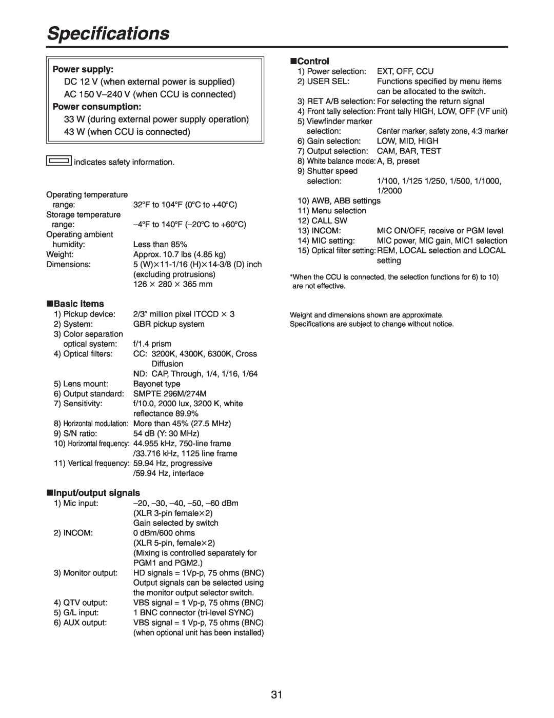 Panasonic AK-HC931BP manual Specifications, W during external power supply operation, W when CCU is connected, Power supply 