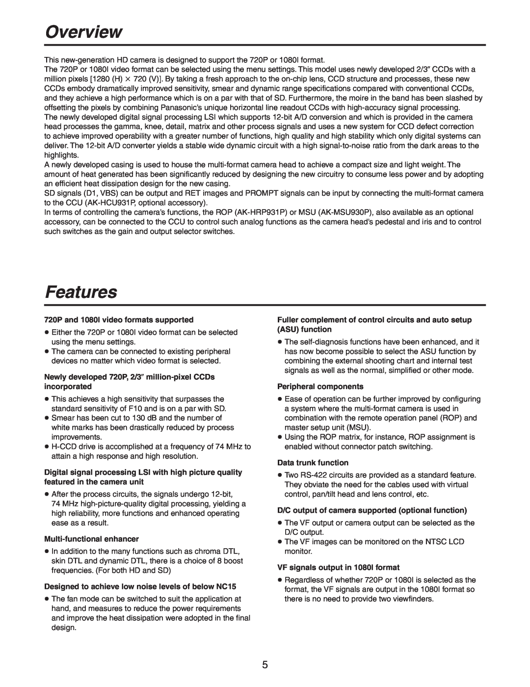 Panasonic AK-HC931BP manual Overview, Features 