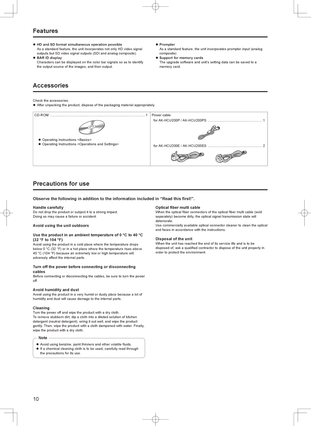 Panasonic AK-HCU200PS, AK-HCU200ES operating instructions Features, Accessories, Precautions for use 