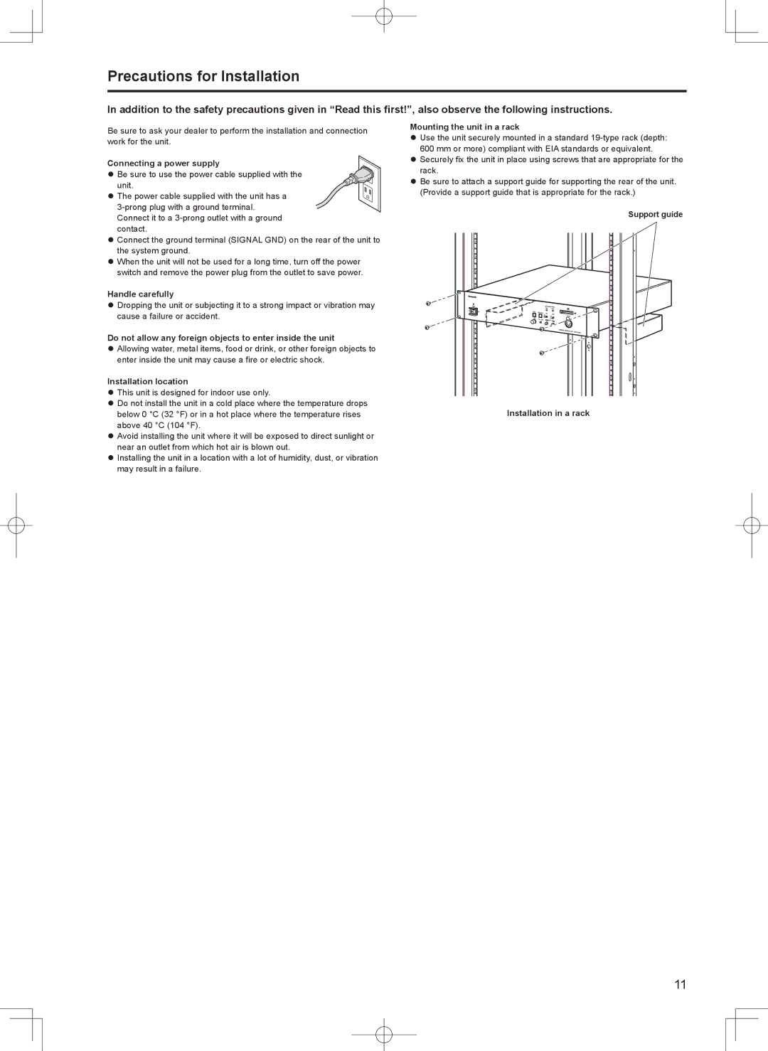 Panasonic AK-HCU200ES, AK-HCU200PS operating instructions Precautions for Installation 