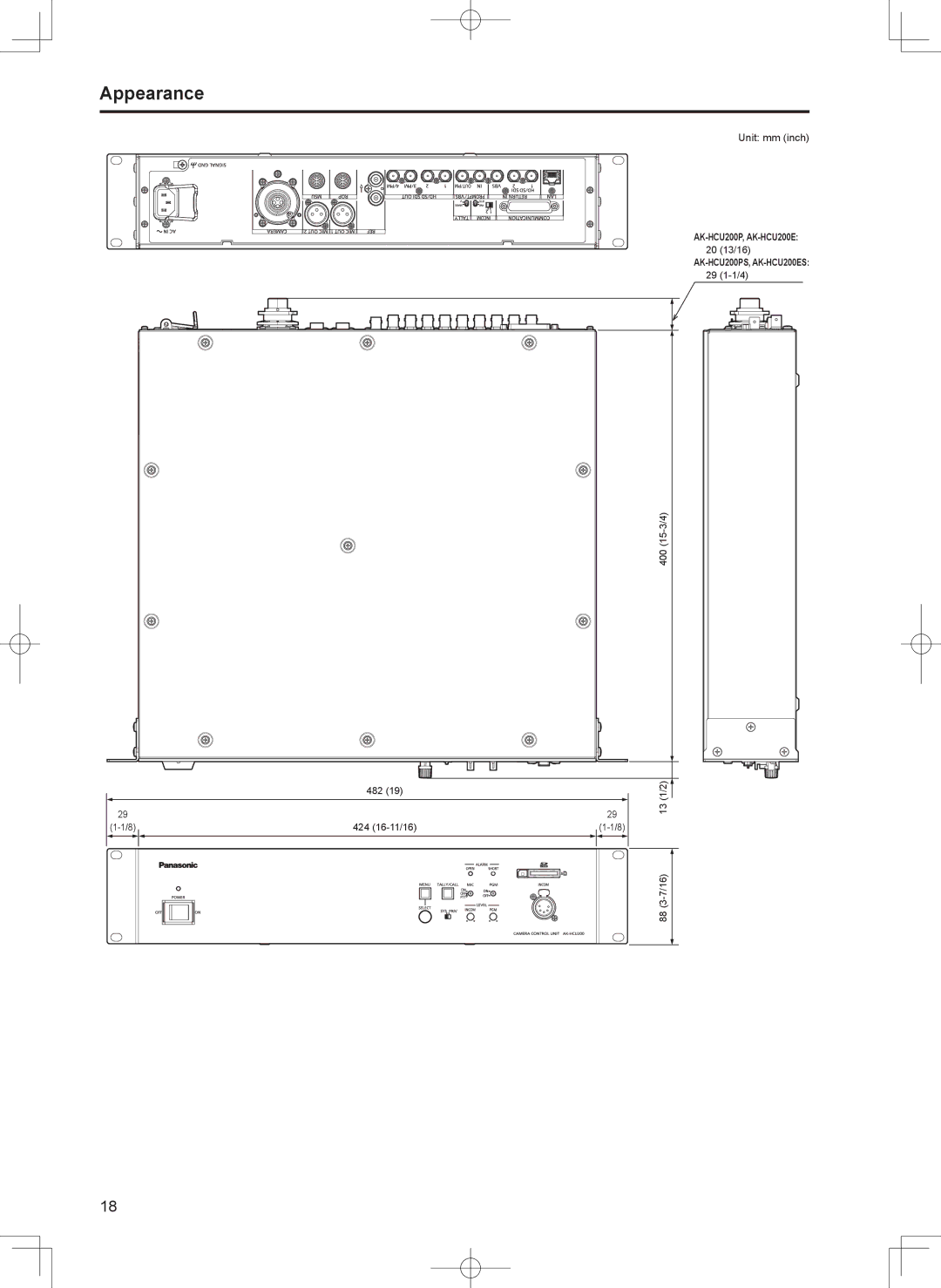 Panasonic AK-HCU200PS, AK-HCU200ES operating instructions Appearance, Unit mm inch 