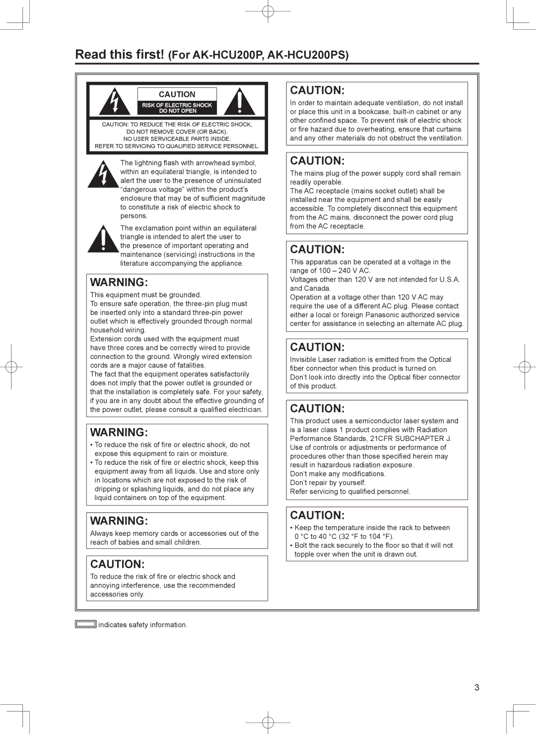 Panasonic AK-HCU200ES operating instructions Read this first! For AK-HCU200P, AK-HCU200PS 