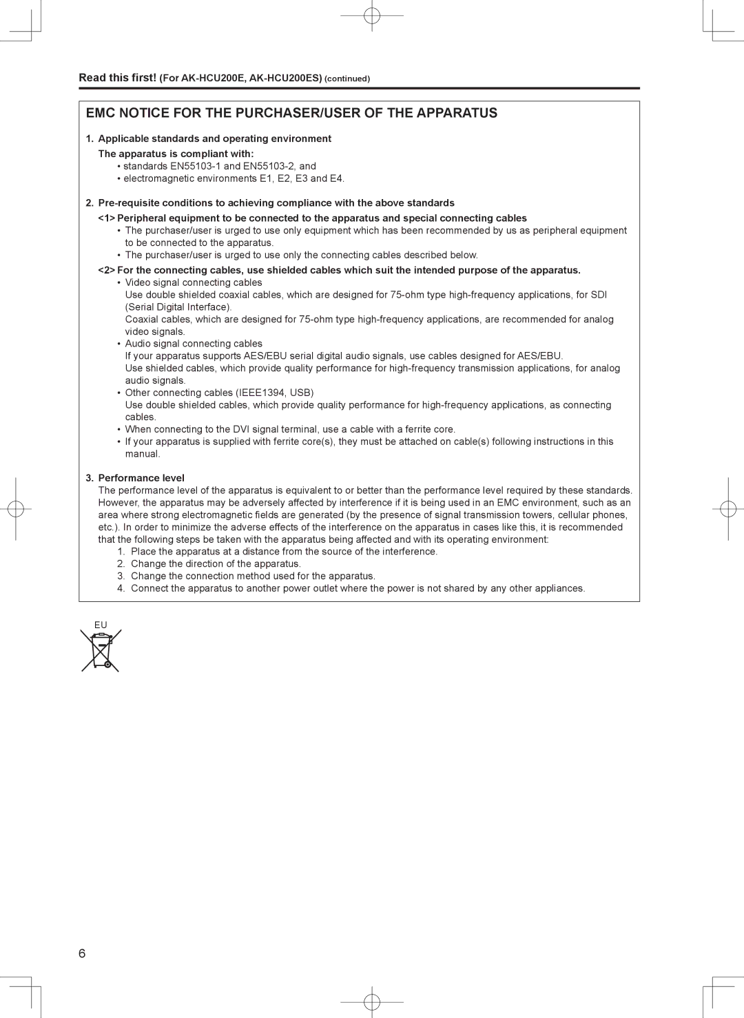 Panasonic AK-HCU200PS operating instructions Read this first! For AK-HCU200E, AK-HCU200ES, Performance level 