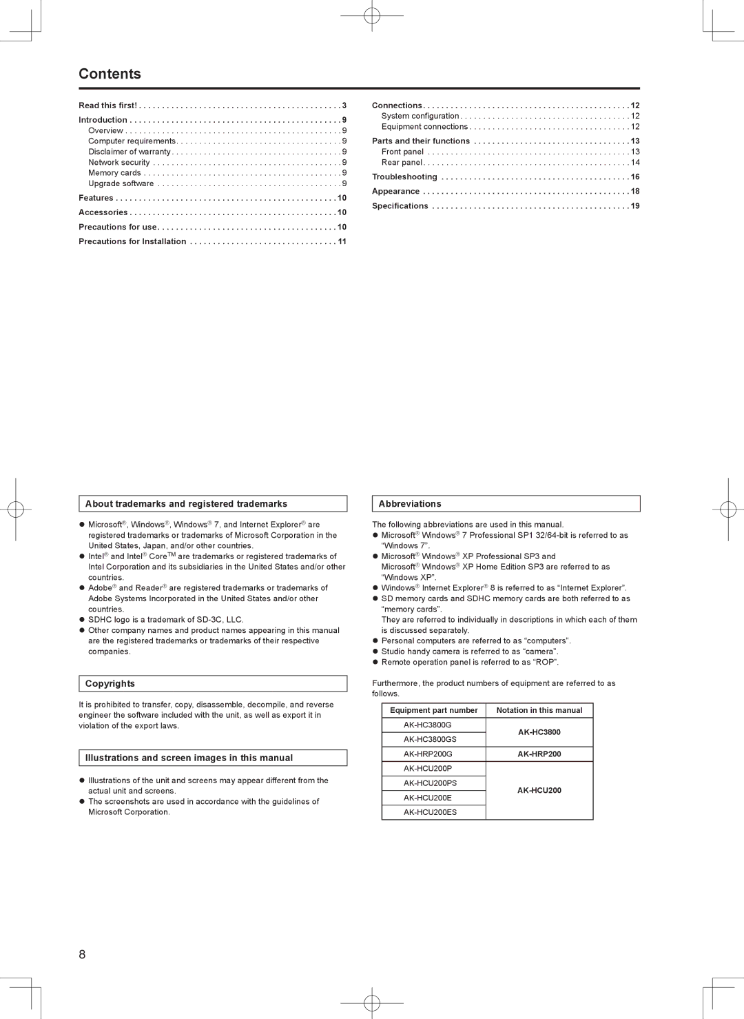 Panasonic AK-HCU200PS, AK-HCU200ES operating instructions Contents 