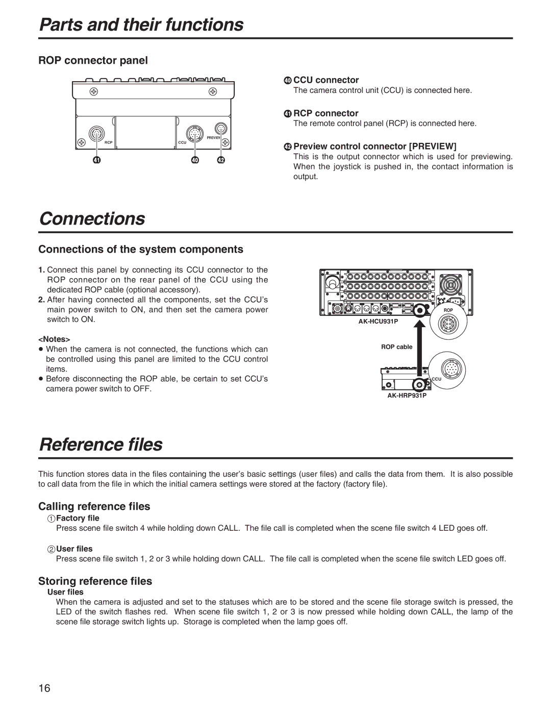 Panasonic AK-HRP931P manual Connections, Reference files, CCU connector, RCP connector, Preview control connector Preview 