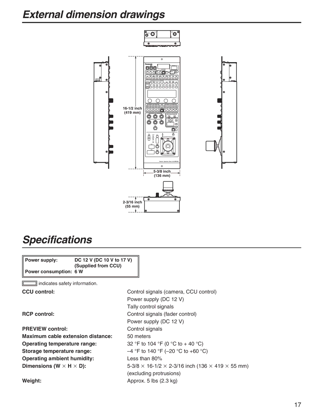 Panasonic AK-HRP931P manual External dimension drawings, Specifications 