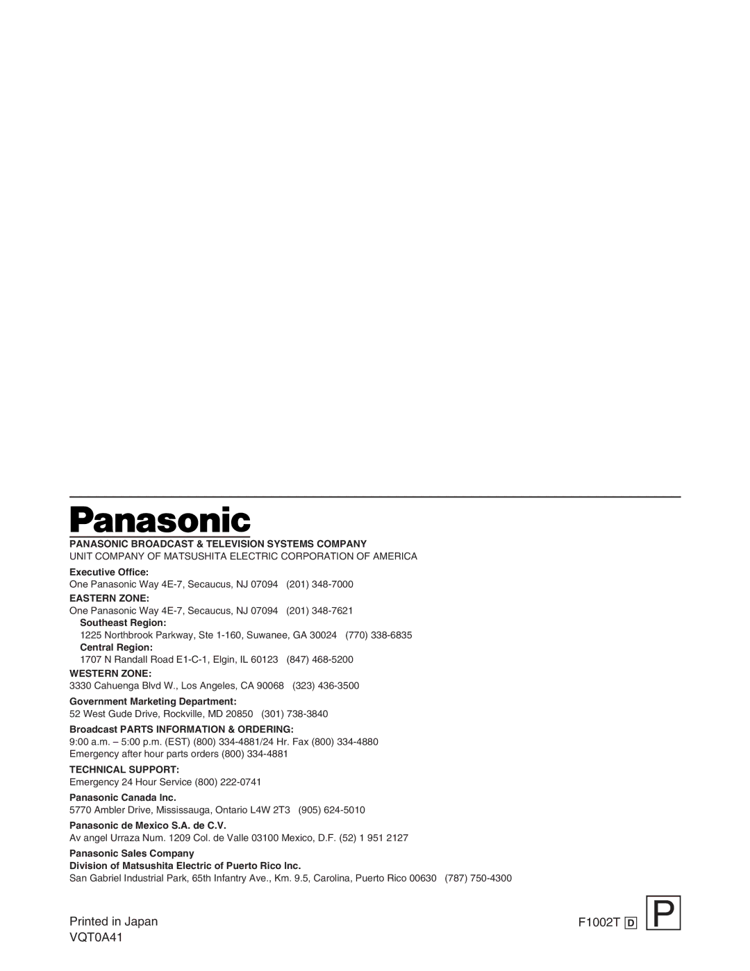 Panasonic AK-HRP931P manual VQT0A41 