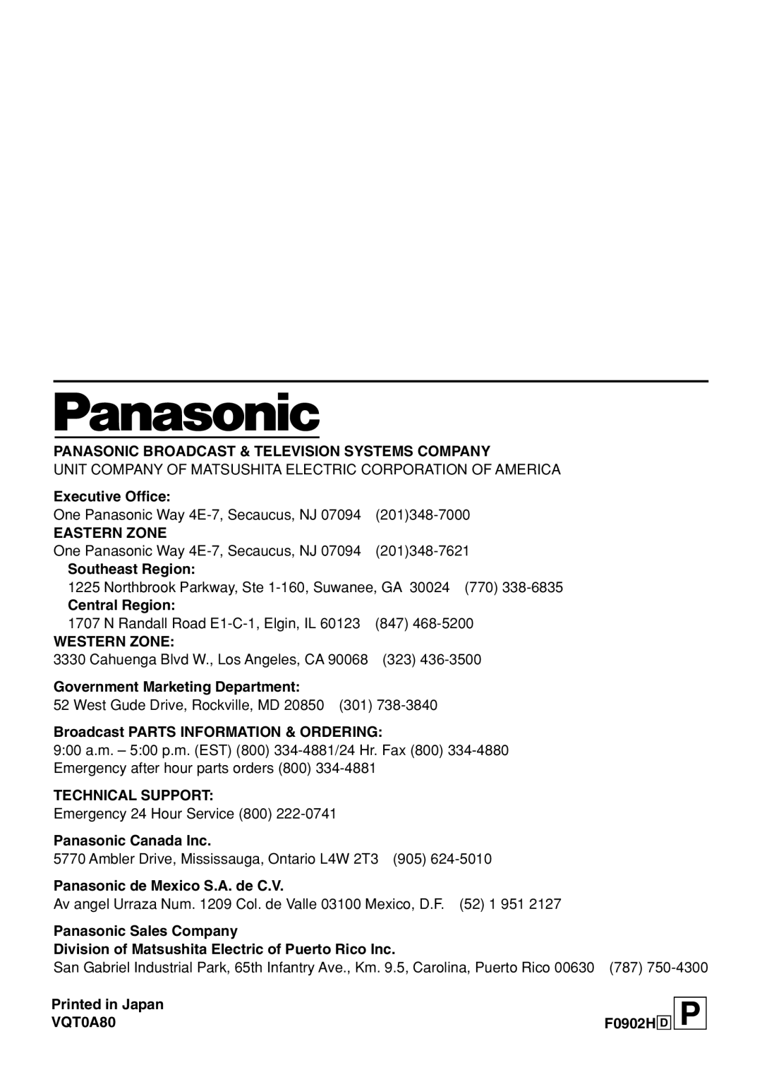 Panasonic AK-HTF900P manual VQT0A80 