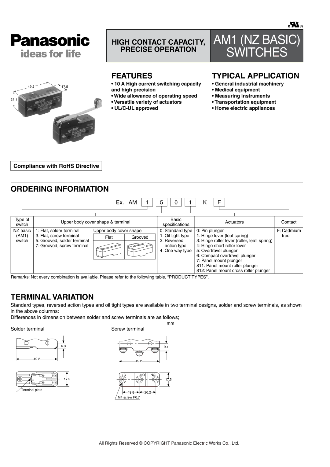 Panasonic AM1 (NZ BASIC) specifications Features, Ordering Information, Terminal Variation 