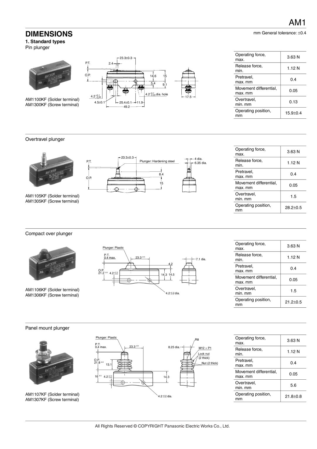 Panasonic AM1 (NZ BASIC) specifications Dimensions, Standard types Pin plunger, Overtravel plunger, Compact over plunger 