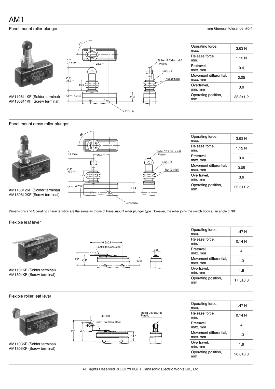 Panasonic AM1 (NZ BASIC) specifications Panel mount roller plunger, Panel mount cross roller plunger, Flexible leaf lever 