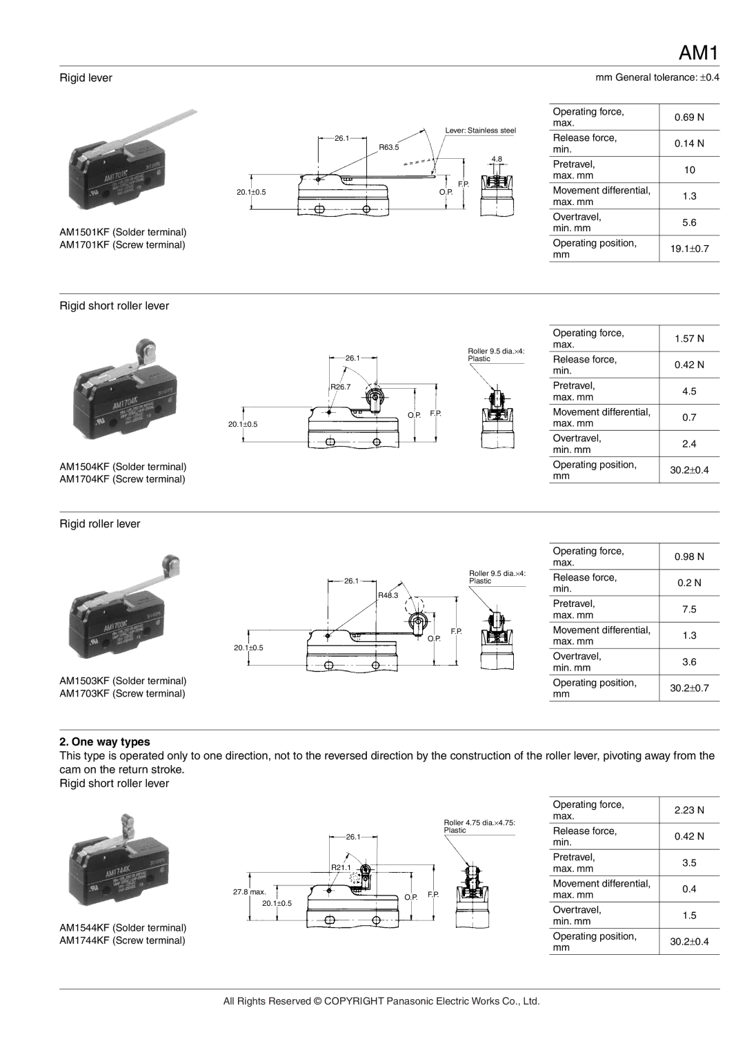 Panasonic AM1 (NZ BASIC) specifications Rigid lever, Rigid short roller lever, Rigid roller lever 