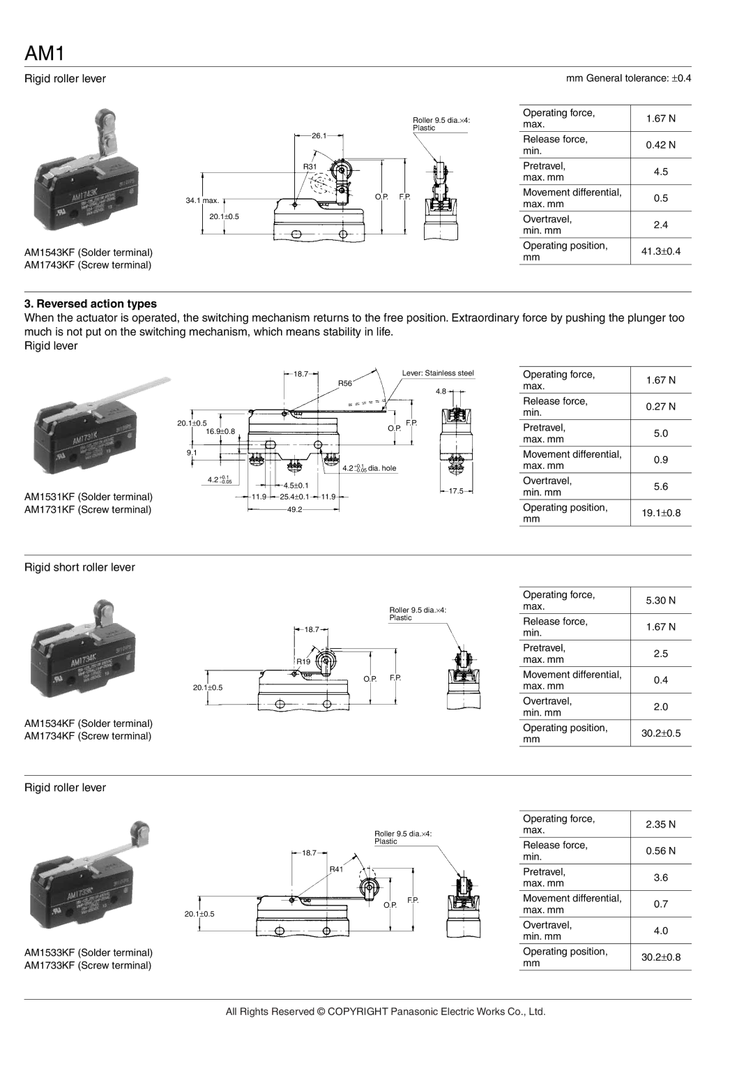 Panasonic AM1 (NZ BASIC) specifications Operating force 35 N Max Release force 