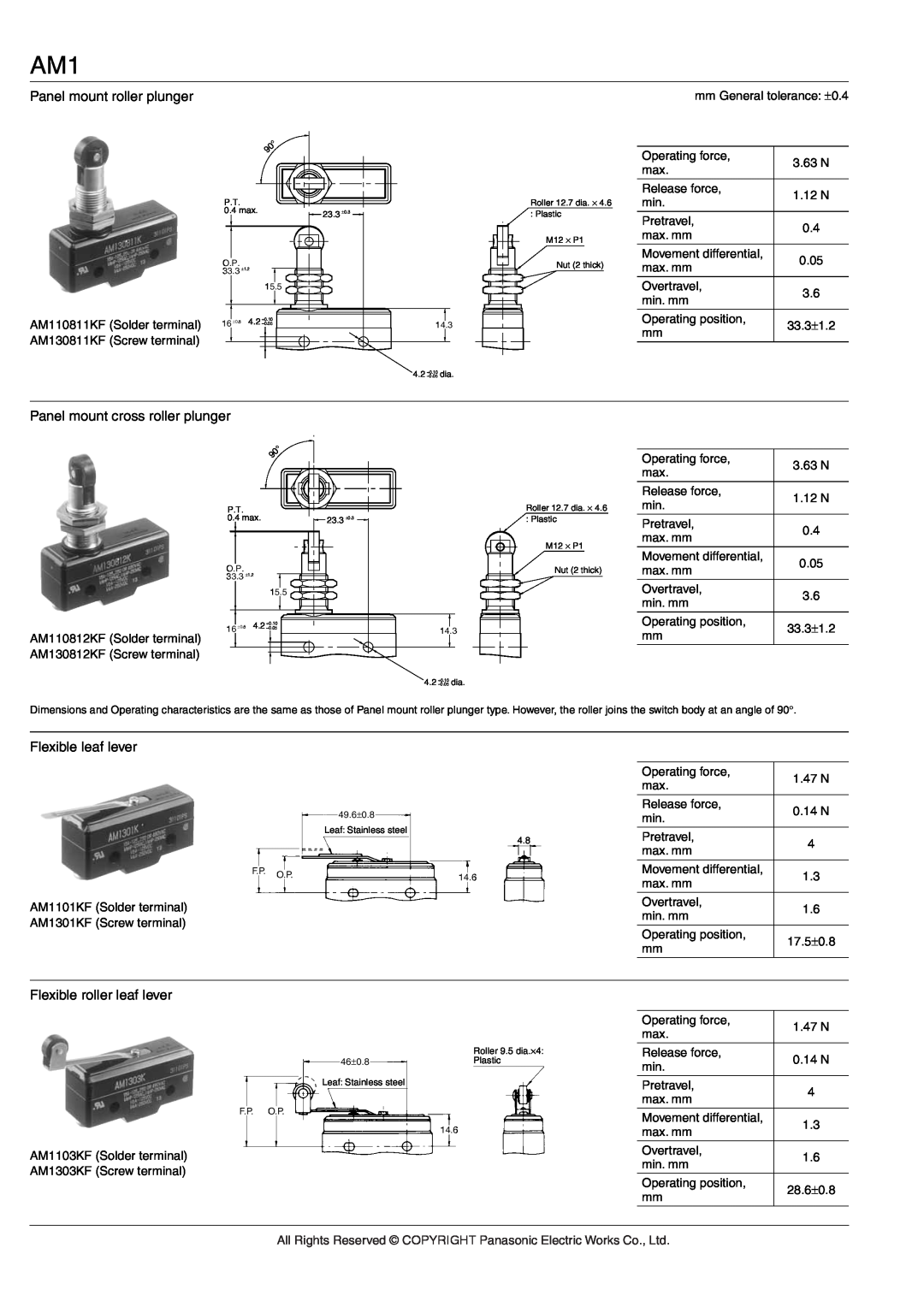 Panasonic AM1 (NZ BASIC) specifications Panel mount roller plunger, Panel mount cross roller plunger, Flexible leaf lever 