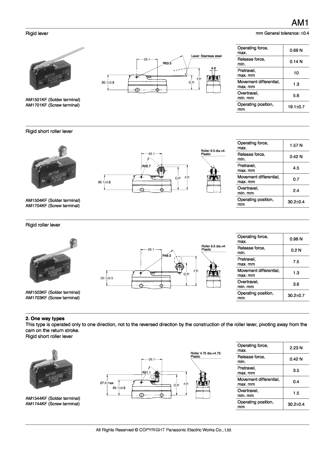 Panasonic AM1 (NZ BASIC) specifications Rigid lever, Rigid short roller lever, Rigid roller lever, One way types 