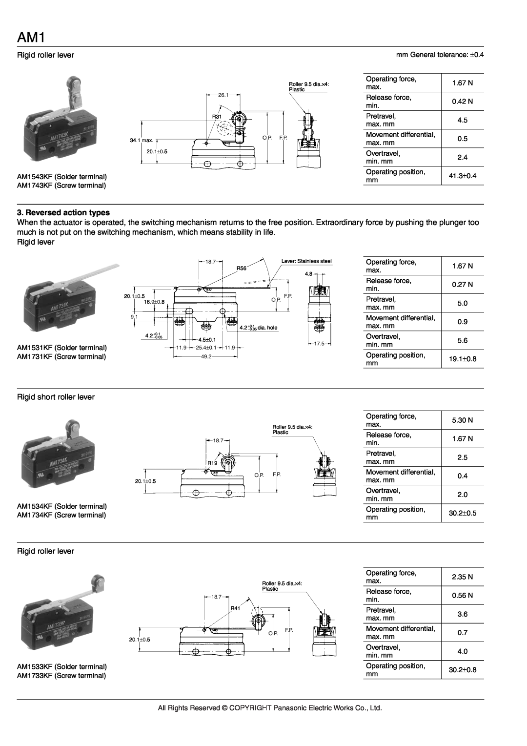 Panasonic AM1 (NZ BASIC) Rigid roller lever, Reversed action types, Rigid lever, Rigid short roller lever, 4.2 −+0.050.1 