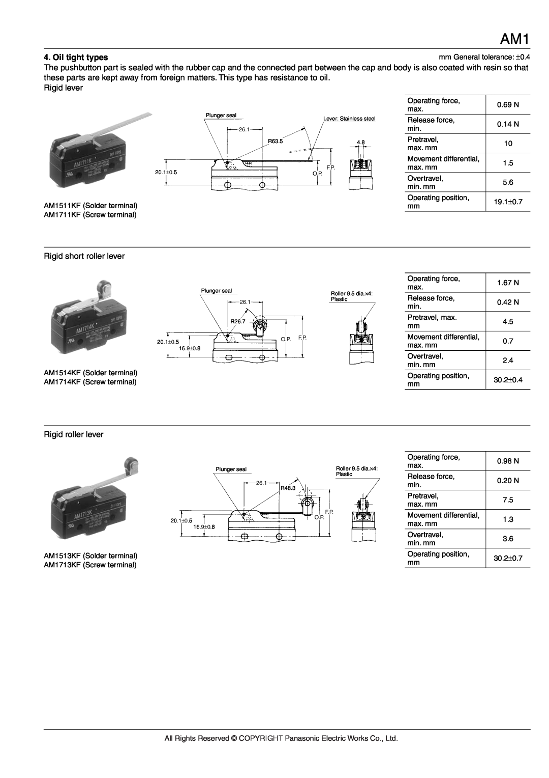 Panasonic AM1 (NZ BASIC) specifications Oil tight types, Rigid lever, Rigid short roller lever, Rigid roller lever 