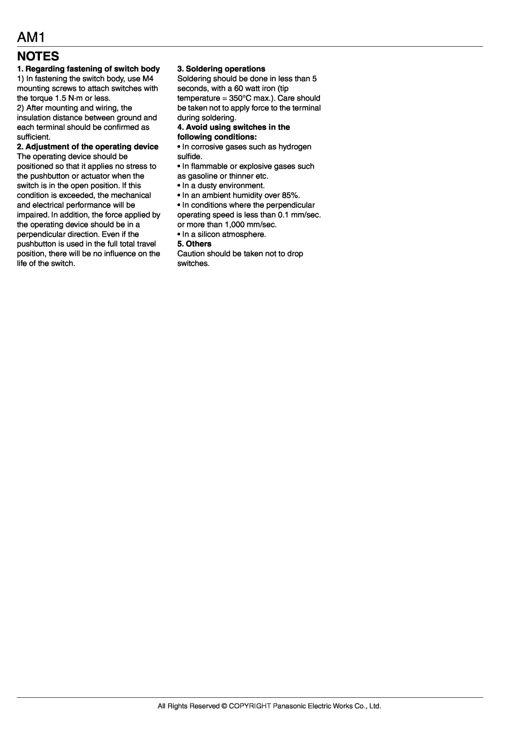 Panasonic AM1 (NZ BASIC) specifications Regarding fastening of switch body 