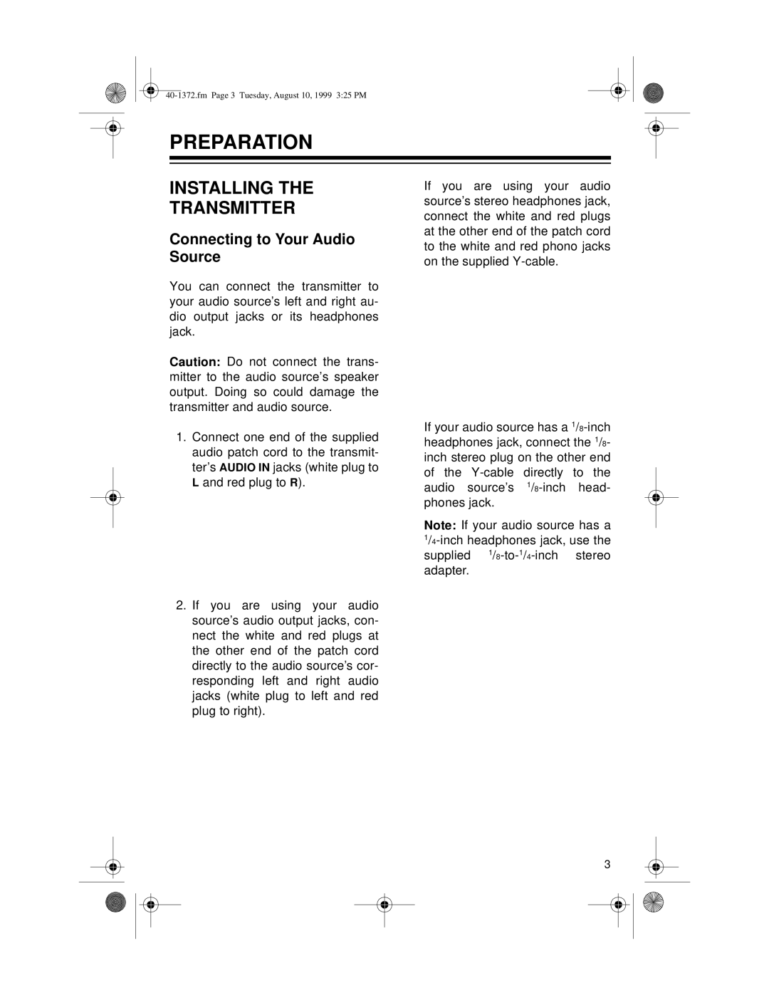 Panasonic AMX-25 owner manual Preparation, Installing Transmitter, Connecting to Your Audio Source 