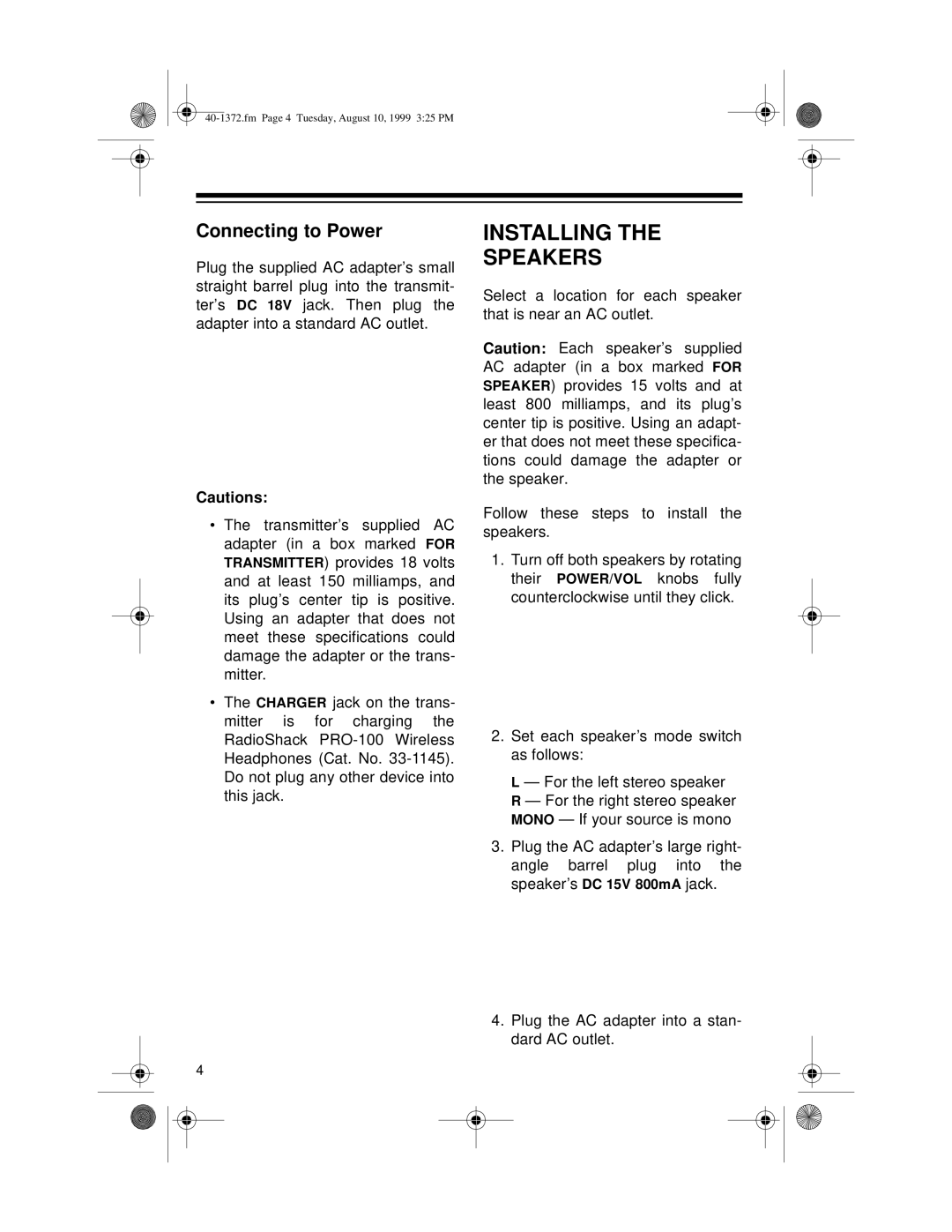 Panasonic AMX-25 owner manual Installing Speakers, Connecting to Power 