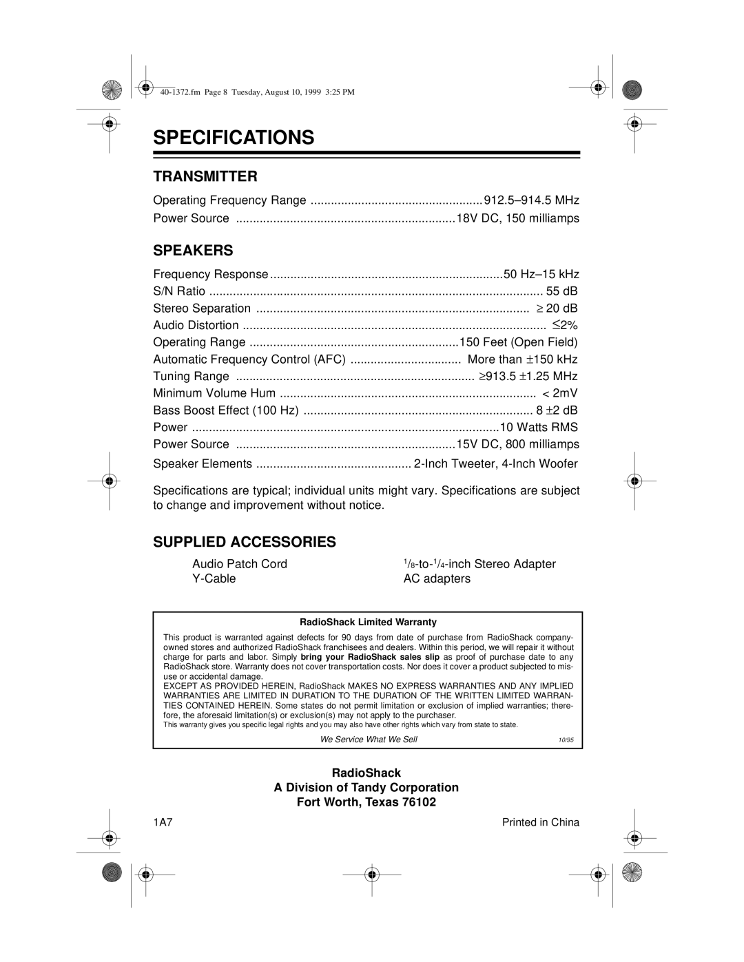 Panasonic AMX-25 owner manual Specifications, Speakers 