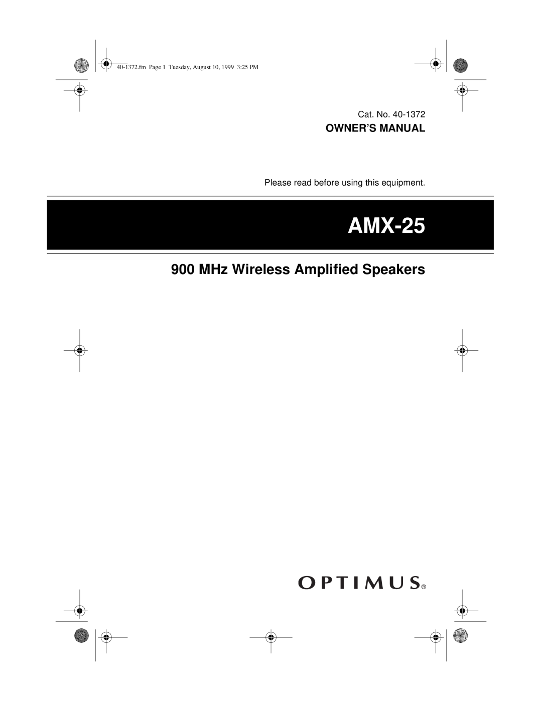 Panasonic AMX-25 owner manual MHz Wireless Amplified Speakers, fmPage 1 Tuesday, August 10, 1999 3 25 PM 