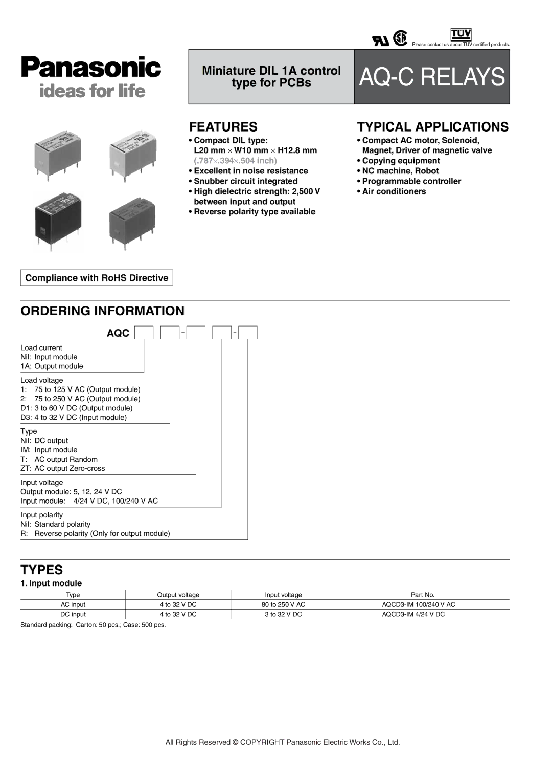 Panasonic AQ-C Relays manual Features, Ordering Information, Types, Compact DIL type L20 mm ⋅ W10 mm ⋅ H12.8 mm 