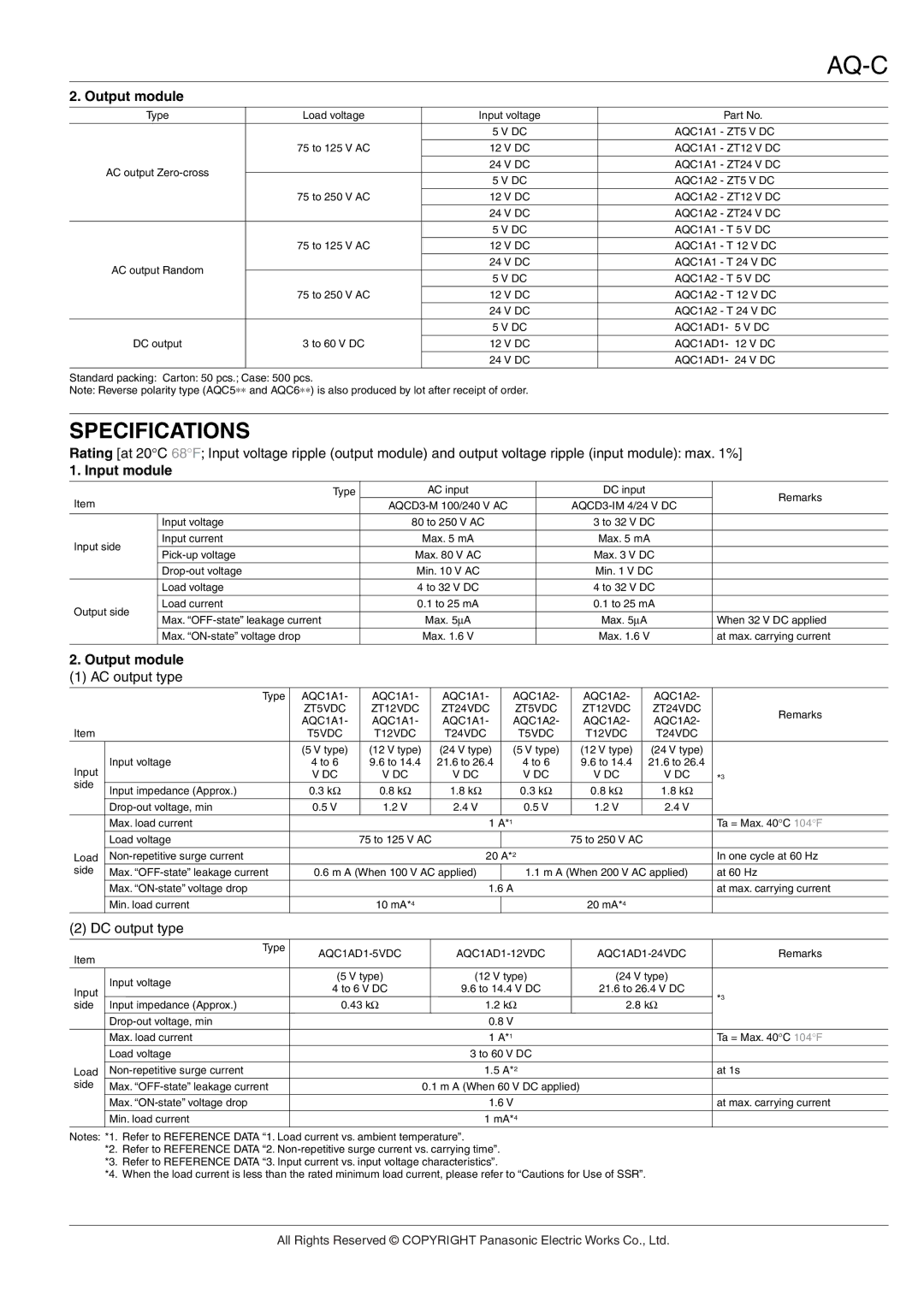 Panasonic AQ-C Relays manual Specifications, Output module 