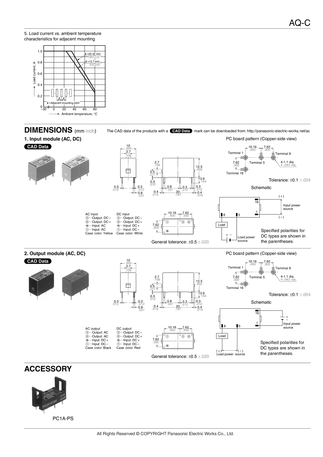 Panasonic AQ-C Relays manual Accessory, Input module AC, DC, Output module AC, DC 