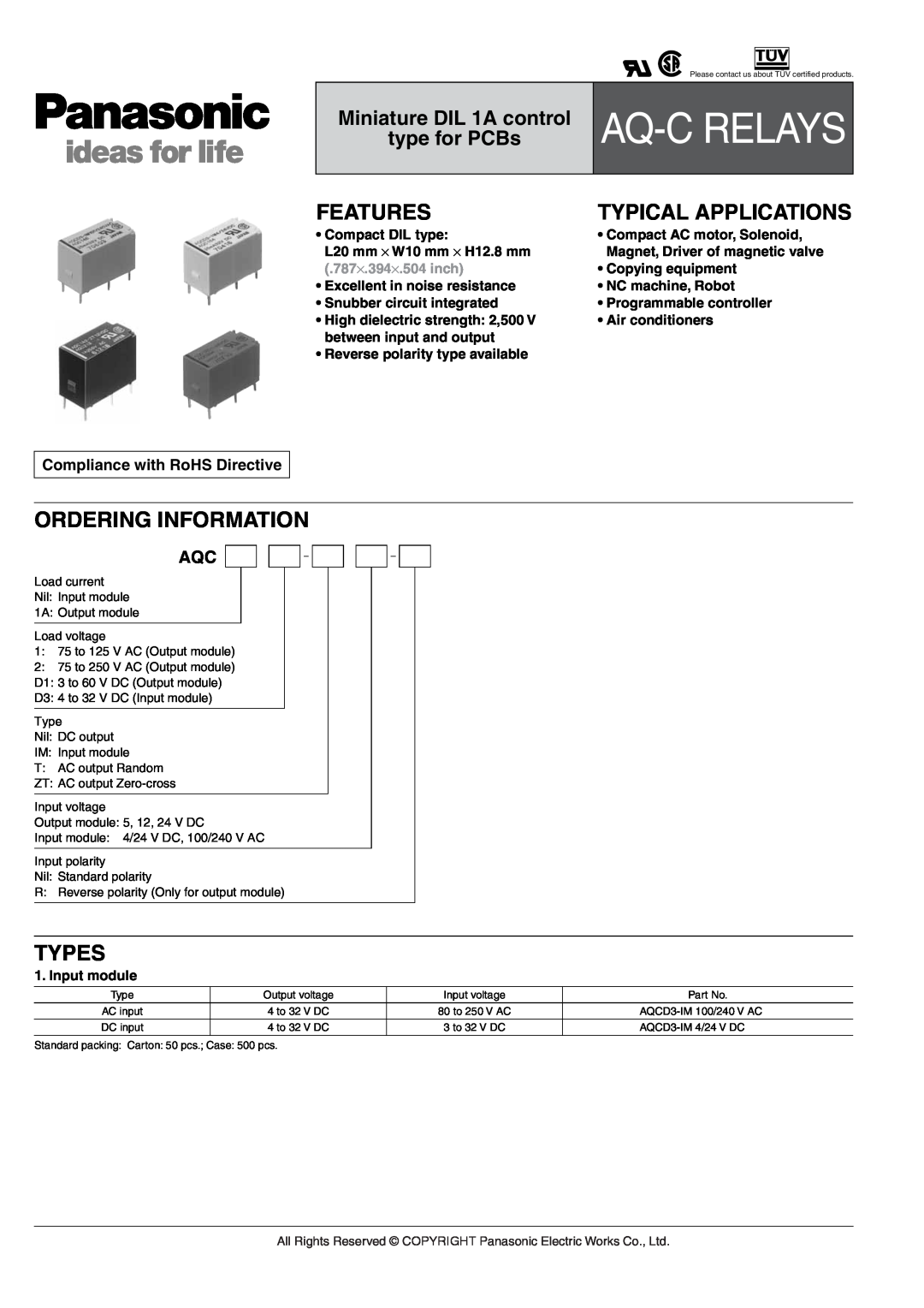 Panasonic AQ-C Relays manual Aq-C, Features, Ordering Information, Types, Compact DIL type L20 mm ⋅ W10 mm ⋅ H12.8 mm 