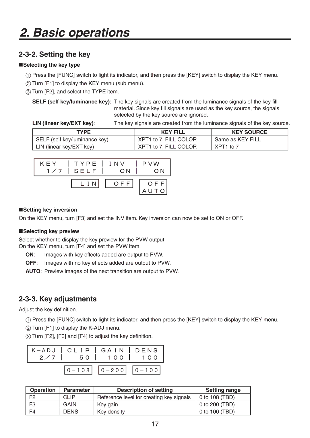 Panasonic AV-HS300 manual Setting the key, Key adjustments 