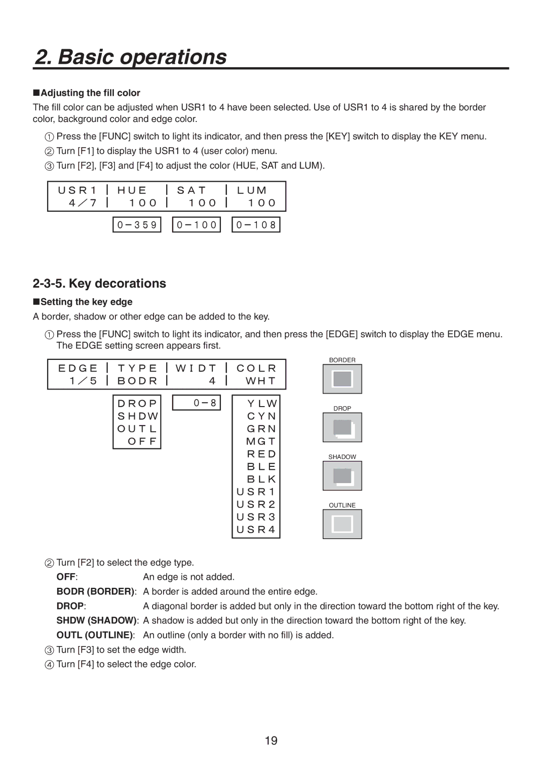 Panasonic AV-HS300 manual Key decorations, ＵＳＲ１ ＨＵＥ, Adjusting the fill color, Setting the key edge 